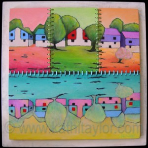 House and Home by Kathi Taylor 18" x 18", acrylic on wood, satin cording Created for Kent Street Family Home Children's Hospital Boston